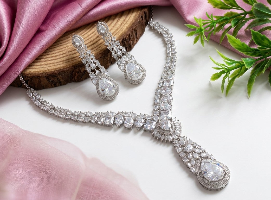 💎 The Diamond-Simulated Teardrop Statement Necklace & Earring Set