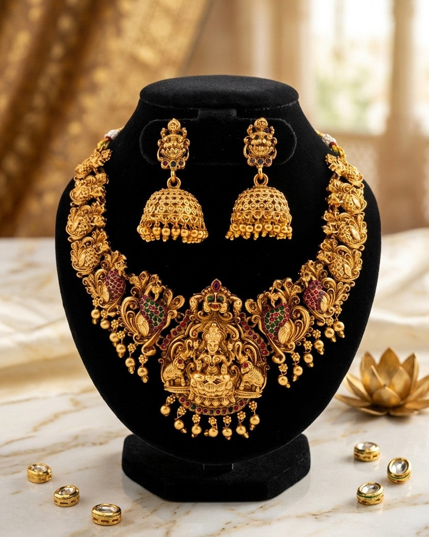 🪷 Antique Gold Temple Jewelry Set with Jhumkas 🪷