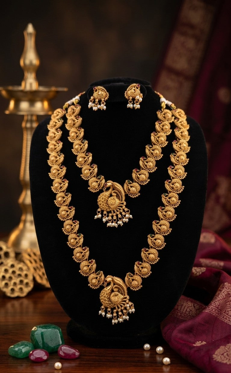 👑 Antique Gold Bridal Royal Peacock Haram & Necklace Combo 👑