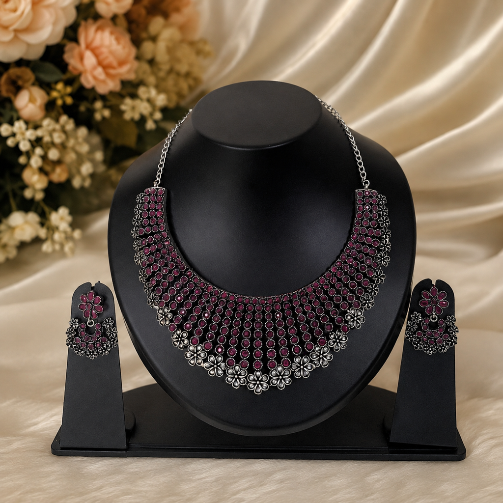 Crimson Petal Oxidized Choker Set
