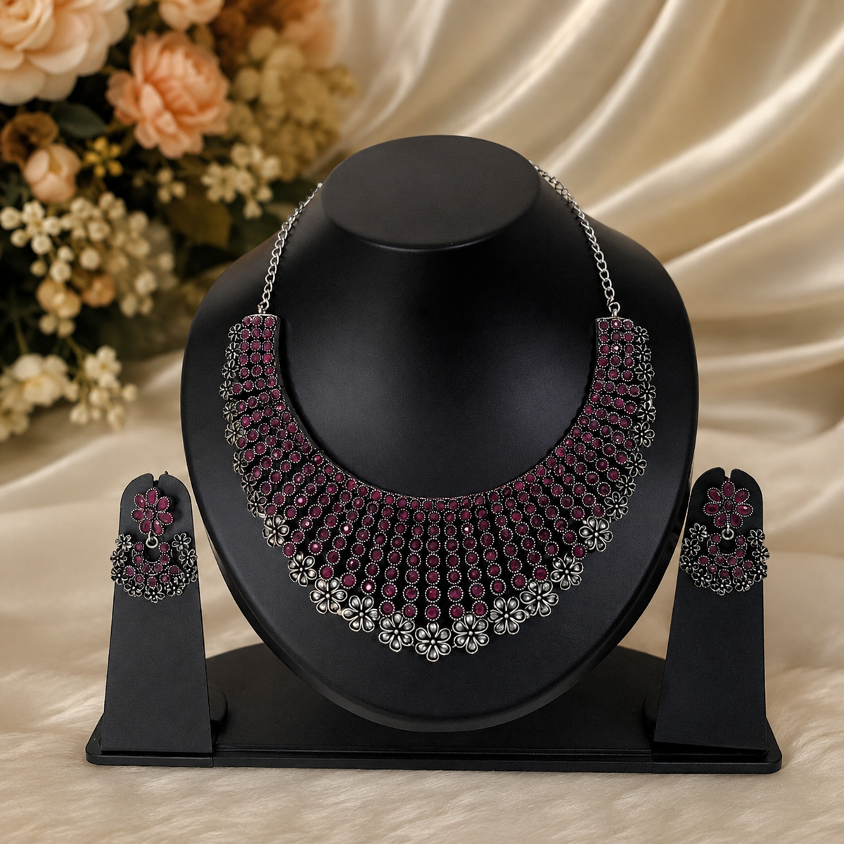 Crimson Petal Oxidized Choker Set
