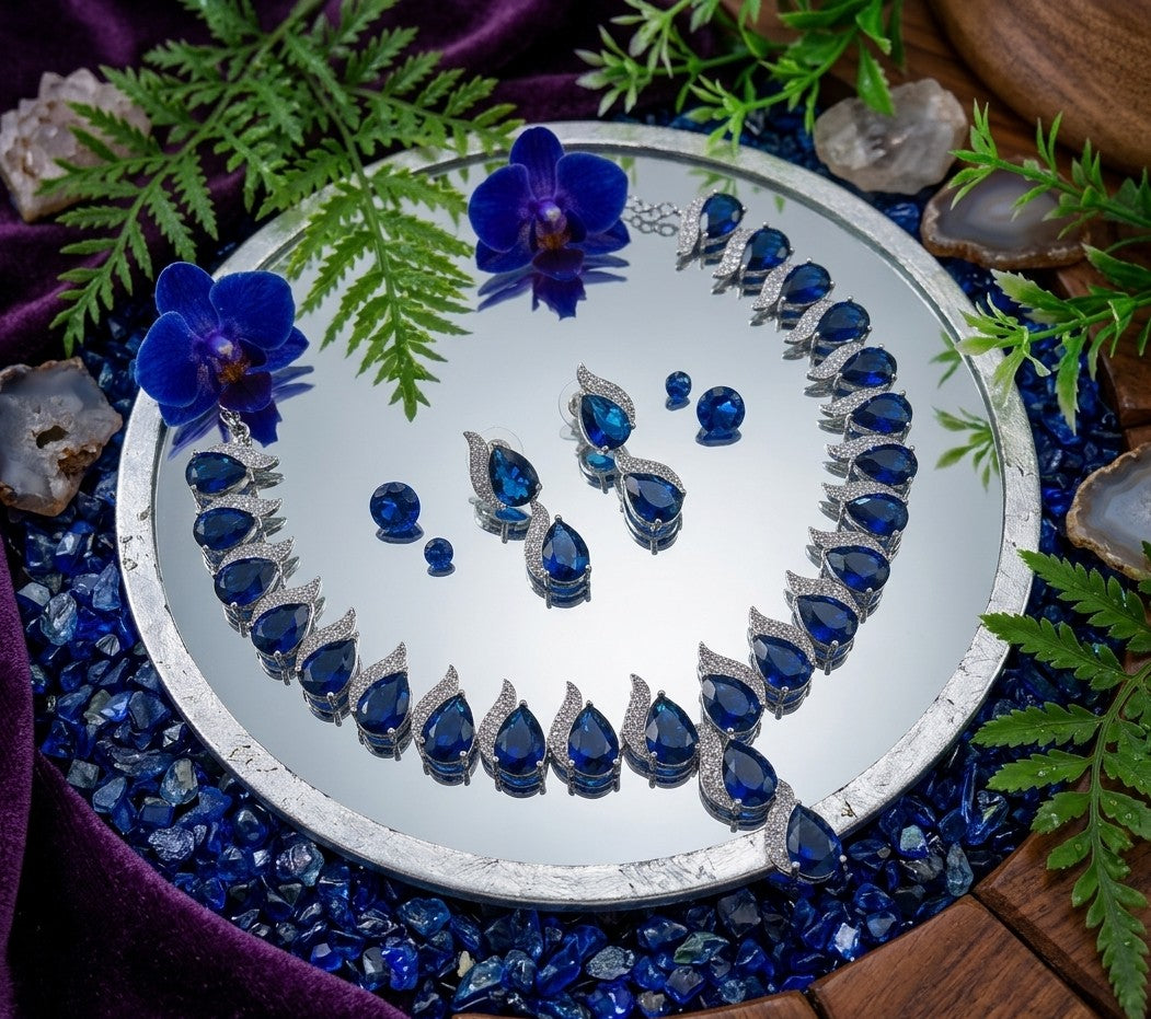 💙 The Royal Blue Teardrop Wave Necklace & Earring Set